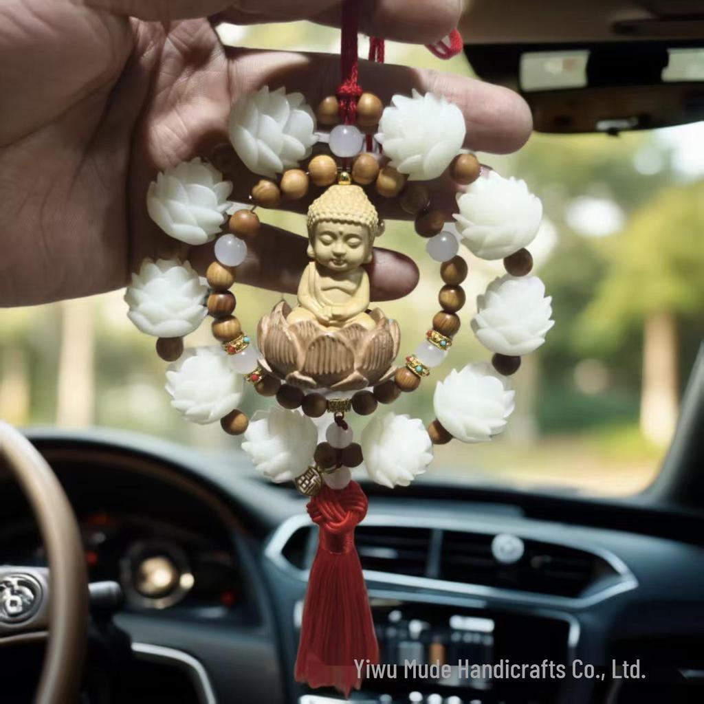 Boxwood Lotus Buddha Car Pendant: Good Luck Rearview Mirror Ornament for Men and Women