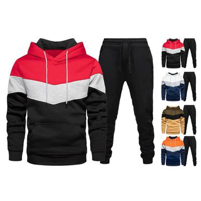 2Pcs/Set Men Sport Outfit Hooded Long Sleeve Front Pockets Sweatshirt Elastic Waist Jogger Pants Set Patchwork Color Activewear
