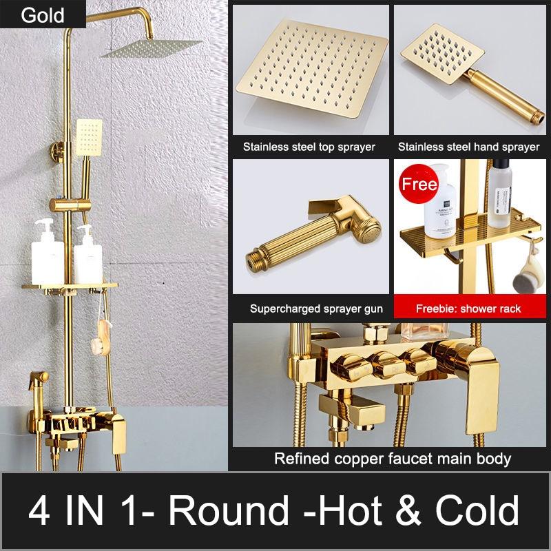 Set de duș 4 în 1 pentru duș auriu de lux cu pulverizator Robinet de apă pentru baie Baterie rece și caldă Duș din oțel inoxidabil