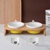 Cartoon Pets Double Bowl Dog Cat Food Water Feeder Stand Raised Ceramic Dish Bowl Wooden Table Pet Supplies Cat Bowls