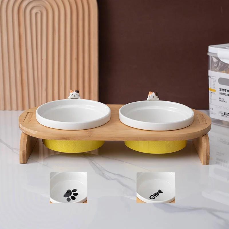 Cartoon Pets Double Bowl Dog Cat Food Water Feeder Stand Raised Ceramic Dish Bowl Wooden Table Pet Supplies Cat Bowls