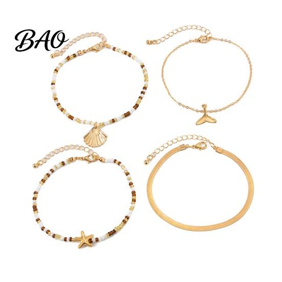 Imitation Pearl Anklet Beach for Women, Starfish Shell Fish Tail Pendant Boho Water-friendly Bracelet, Layered Faux Foot Chain Summer Vacation