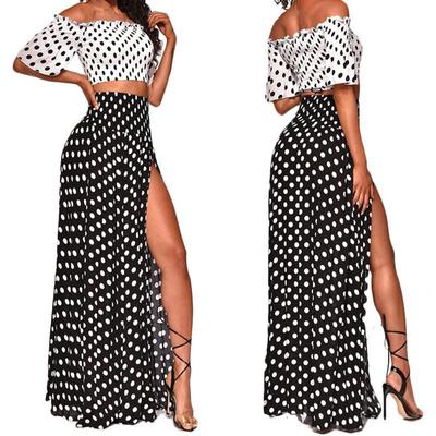2pcs Women Dress Suits Polka Dot Off Shoulder Casual Beach Style Tops Skirts
