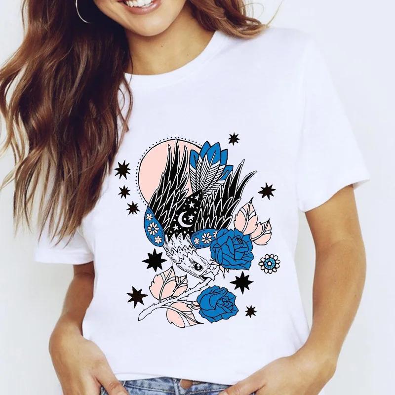 Women's Fruit-Flower Print Crew-Neck Tee Spring/Summer Aesthetic Polyester Fiber Cute Base Shirt Trendy Top