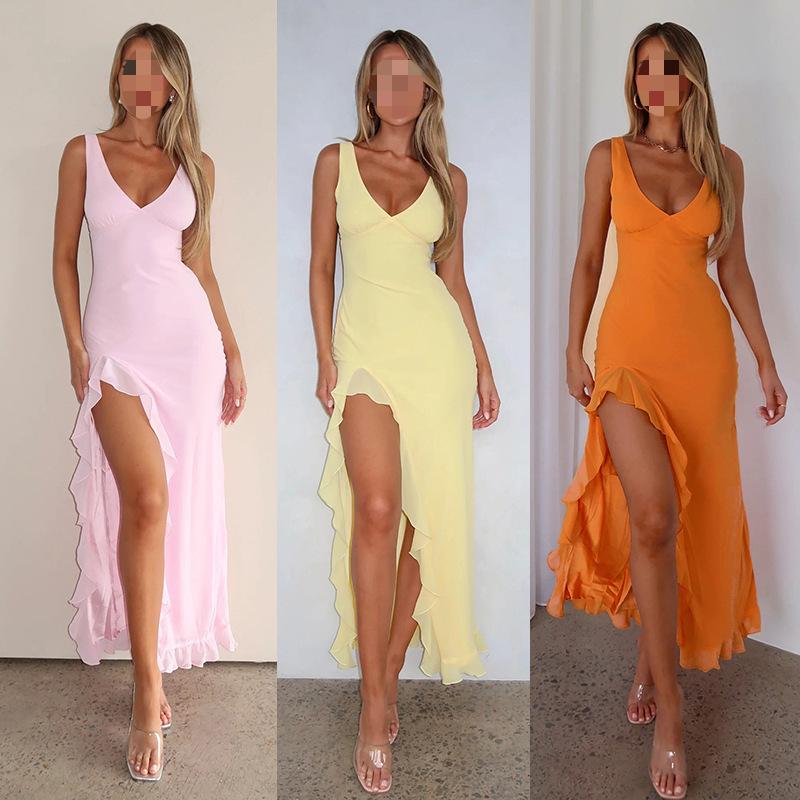 Europäische und amerikanische Sommermode, einfarbig, schmale Passform, Hosenträger, sexy V-Ausschnitt, Rüschenrand, Schlitzkleid