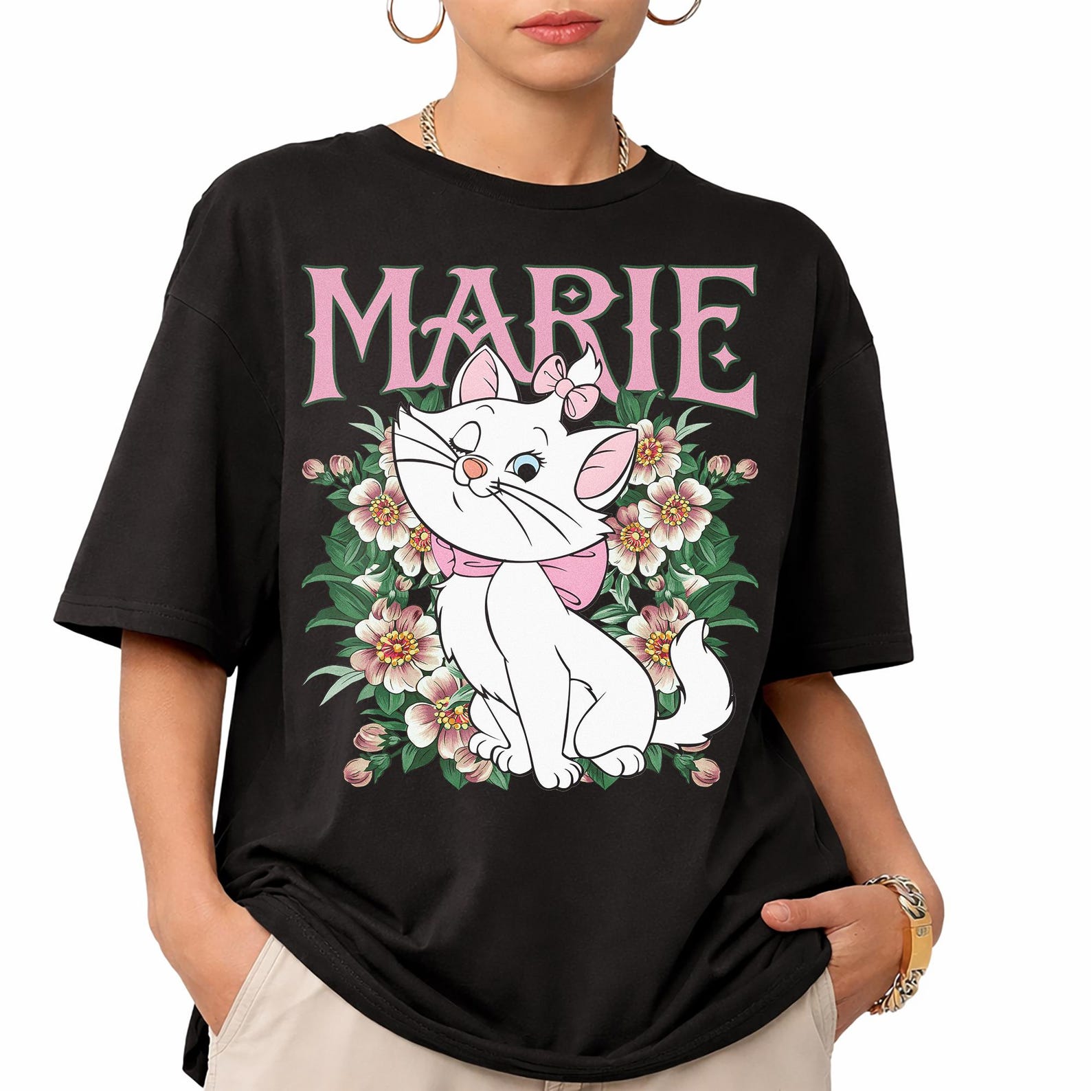 Marie Aristocats Floral Cat Lover Shirt, Retro Pink Bow Graphic Tee 4XL