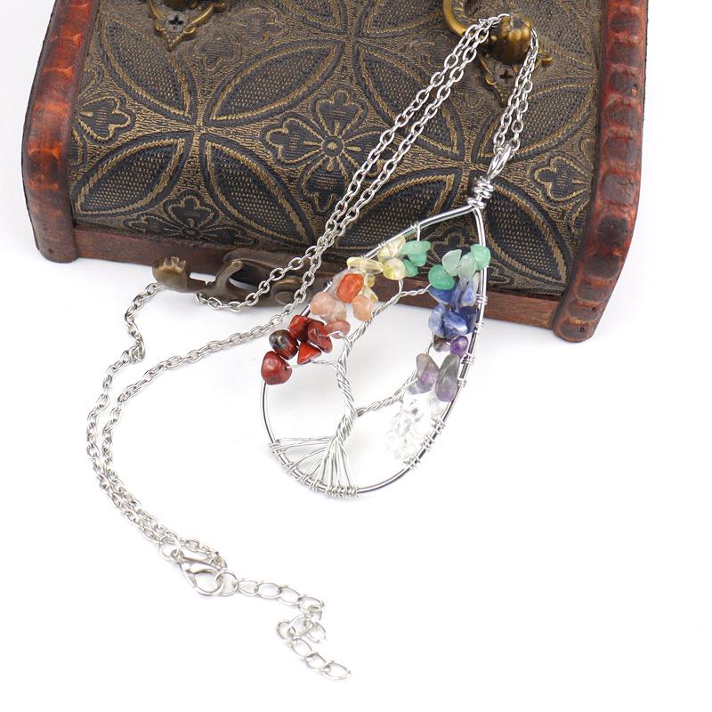 Silver Tree of Life Necklace with Seven-Color Natural Stone and Crystal Water Drop Pendant