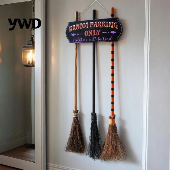 Creative Witch Broom Silhouette Halloween Parking Sign with 3 Pcs Wooden Witches Brooms, Hocus Pocus Seasonal Home Wall Ornament Themed Hanging