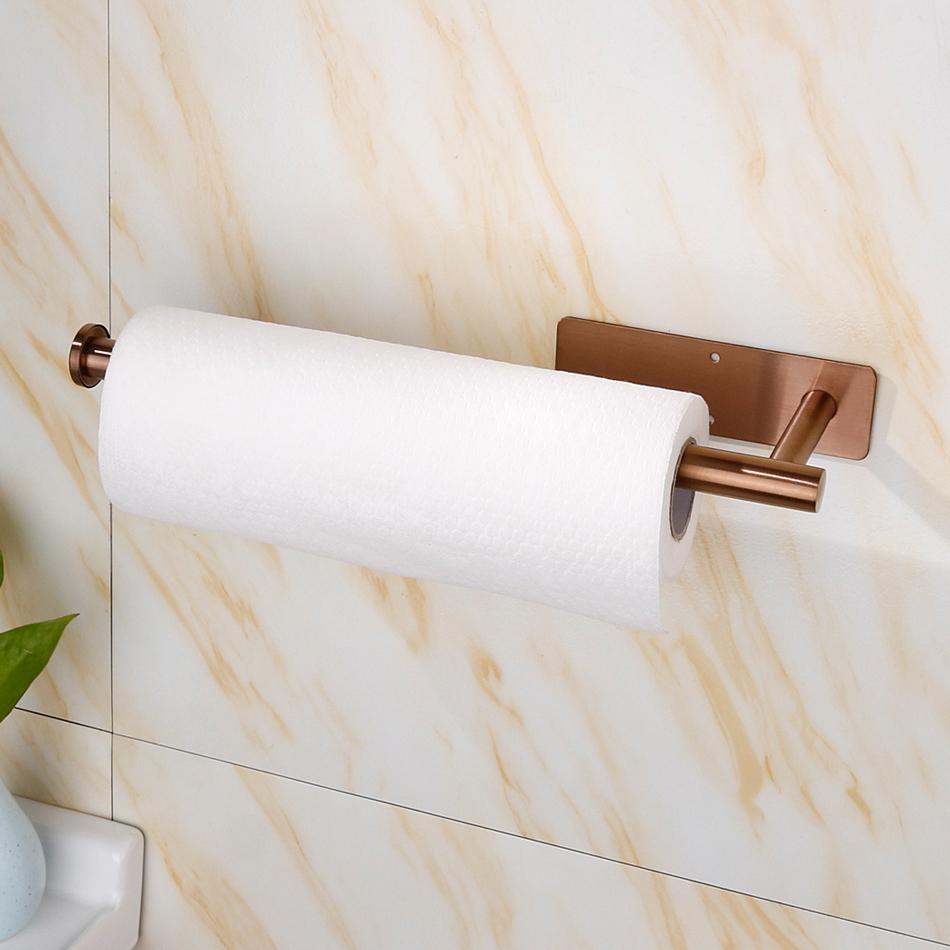 304 Stainless Steel Paper Holder Adhesive Wall Rose Gold Bathroom Kitchen Toilet Paper Towel Holder Tissue Roll Hanger Bar Rail