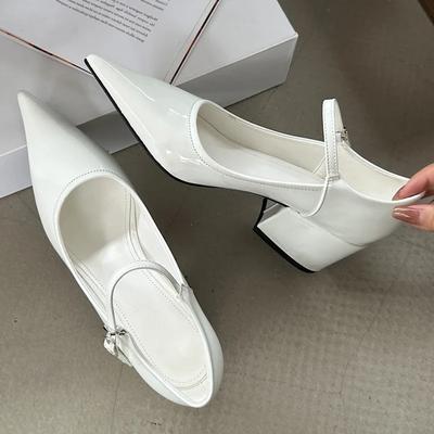 2025 New Spring Patent Leather Buckle Strap Women Pumps Sandals Fashion Pointed Toe Square Low Heels Wedding Shoes