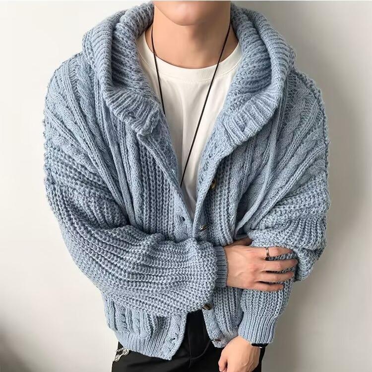 Men's Retro Chunky Knit Cardigan: Versatile Japanese Jacquard Sweater with Big Pockets.