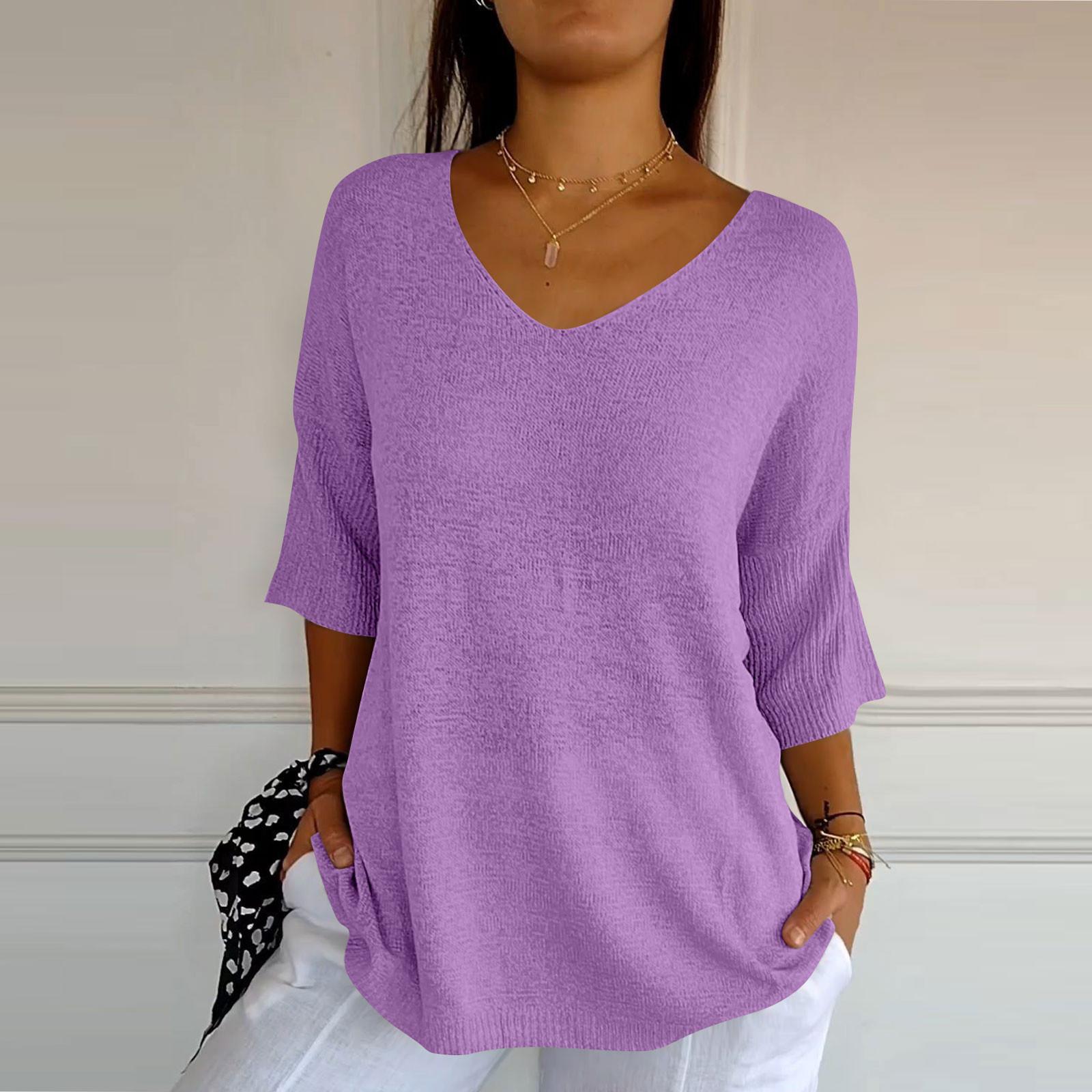 

Женский тонкий свитер, рубашка с v-образным вырезом, свободный топ с семью рукавами XXXXXL фиолетовый