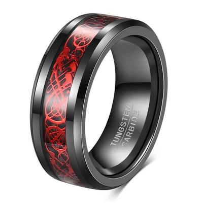 8 mm breiter Wolframstahlring mit Drachenmotiv, eingelegt aus glattem Edelstahl, Herrenschmuck