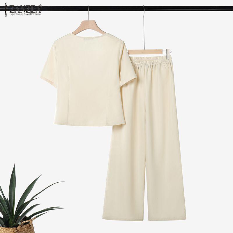 ZANZEA Damen Kurzarm Bluse und Hose Sommer Zweiteiler Anzugsets