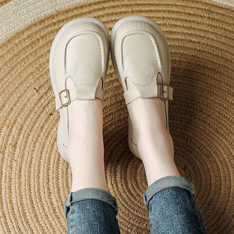 Fashion New genuine leather buckle flats women's T strap moccasins college girls school shoes uniform office flats woman concise loafers
