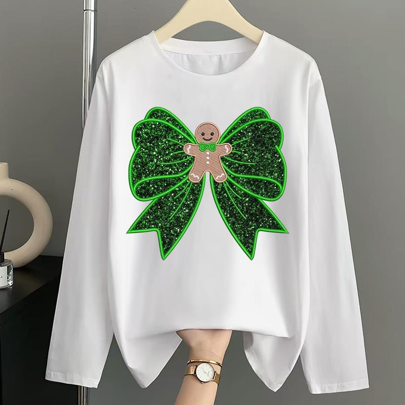 (Asian Size) Women Autumn Winter Letter Sweet 90s Print T Shirt Christmas Holiday Graphic Tee Casual Fashion Top Clothing Long Sleeve T-shirts