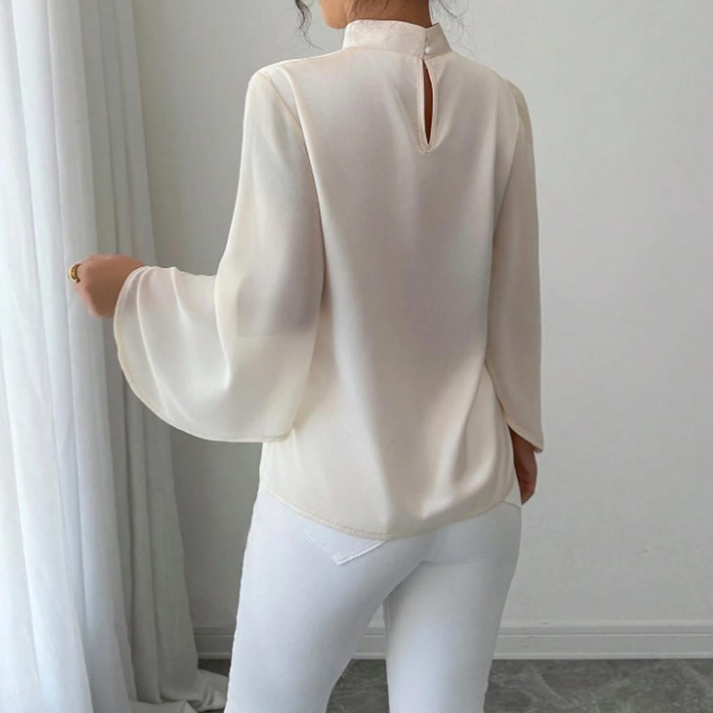 Cămașă de damă la modă, casual, largă, elegantă, cu guler înalt și mâneci lungi