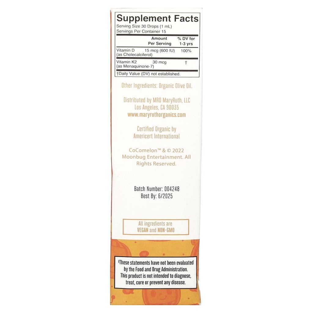 MaryRuth's, Cocomelon, Infant Vitamin D3 + K2 Liquid Drops, Ages 1-3, Unflavored, 0.5 fl oz (15 ml)