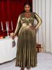 Gouden Geplooide V-hals Plus Size Elegante Banketjurk met Geknepen Taille en Lange Mouwen