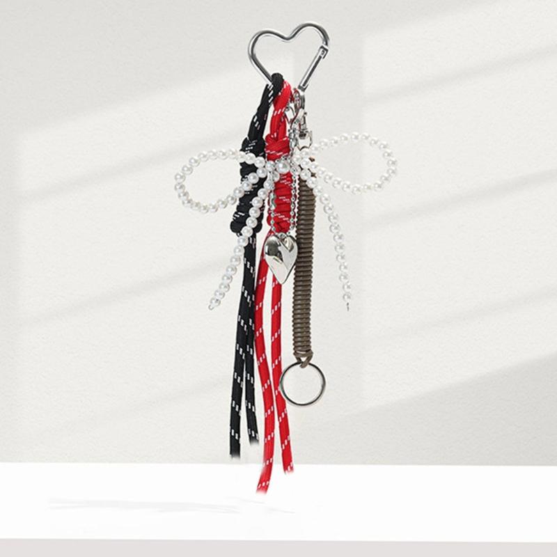 Pearls Bowknot Keychain with Woven Lanyard Colorful Keyring Accessory Fashionable Bag Charm for Women and Girls