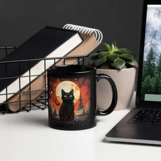 Yousheng Personalized Black Cat Mug Ceramic Coffee Mug Double-Sided Printing Tea Cup Halloween Novelty Drinkware for Cat Lovers