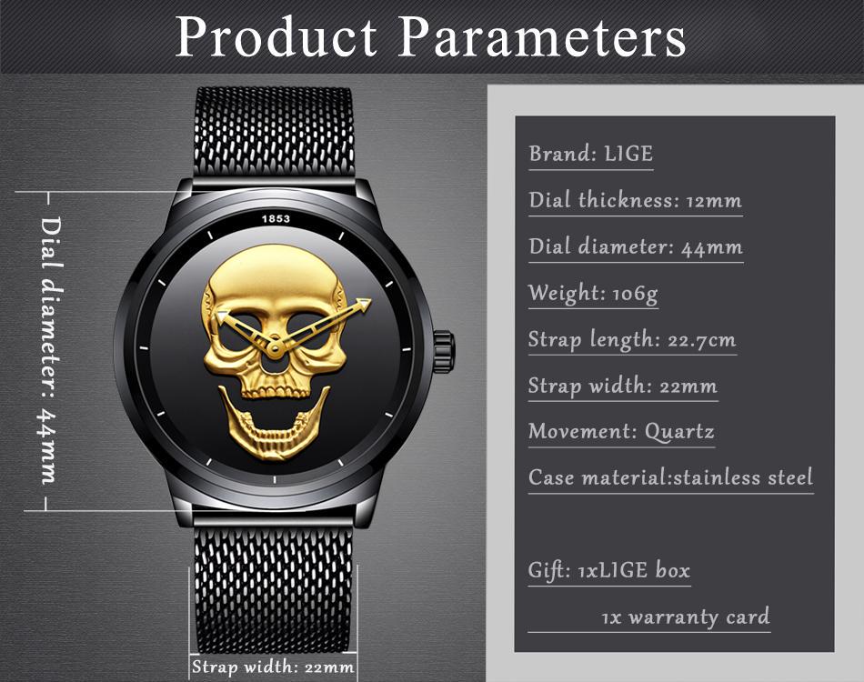 Cool Punk 3D Craniu Ceas Bărbați Marca LIGE Ceas de lux Oțel Cuarț Bărbați Impermeabil Moda Retro Ceas Auriu Negru Relogio