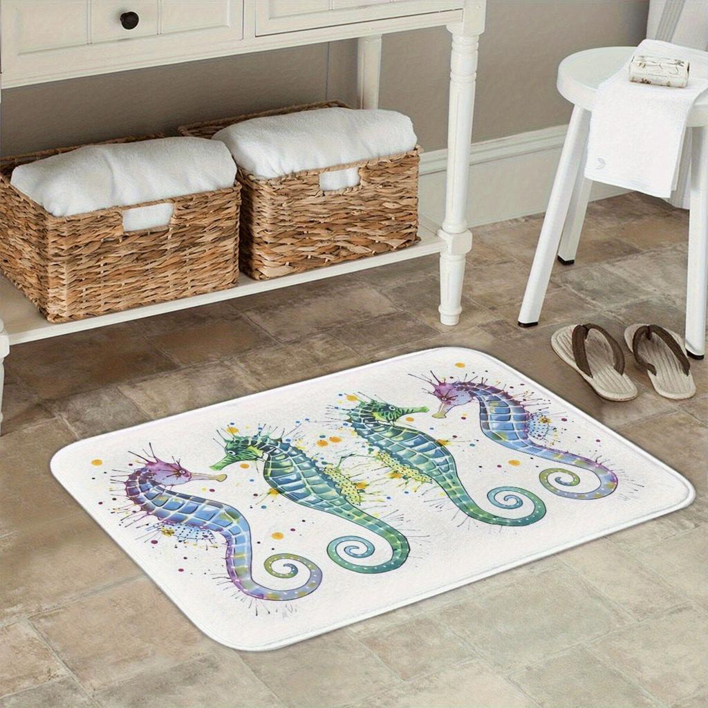 1pc Seahorse Bath Mat - Non-Slip Bathroom Mat with Oceanic Seahorse Design In Teal, Green, Purple, Non-Slip Backing for Shower,