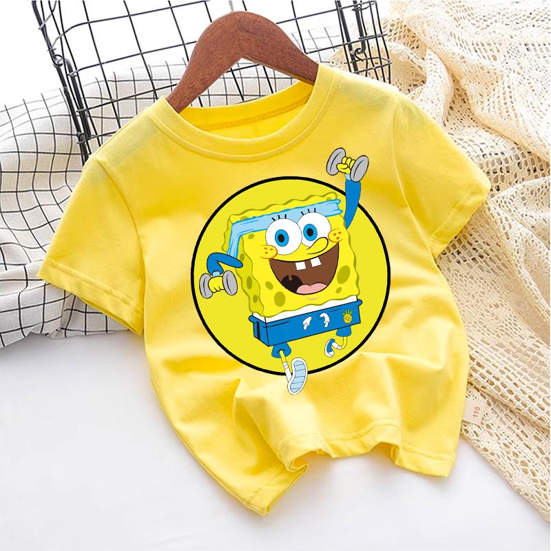 Cute SpongeBobs T-shirt Kids Anime Round Role Boys Girl Toddler Cotton Streetwear Tees Casual Short Sleeve Childern Clothes Tops