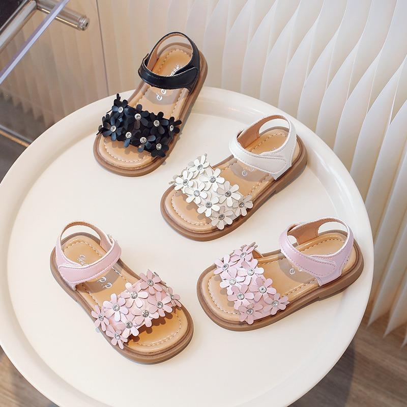 Summer girls' flower sandals, Korean style fashionable princess design, baby sandals with anti-slip soft sole, children's sandals.