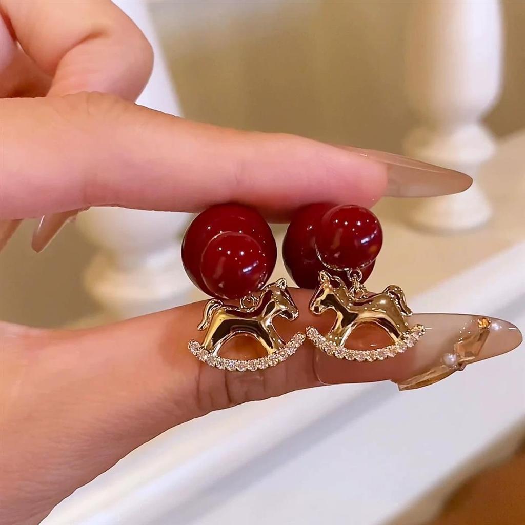 2025 New Arrival Exquisite Red Rocking Horse Earrings: Light Luxury, Retro Autumn/Winter Design for Women