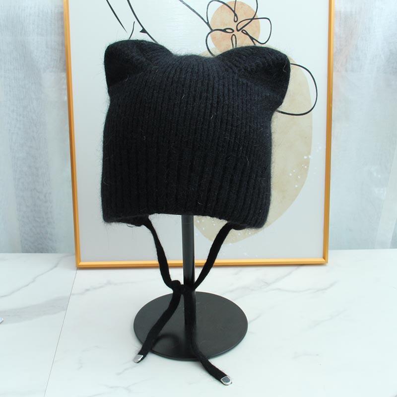 High-quality Cute Ear Protection and Warm Cat Ears Rabbit Hair Knitted Hat Autumn and Winter Double-layer Thickened Lace-up Windproof and Cold-proof