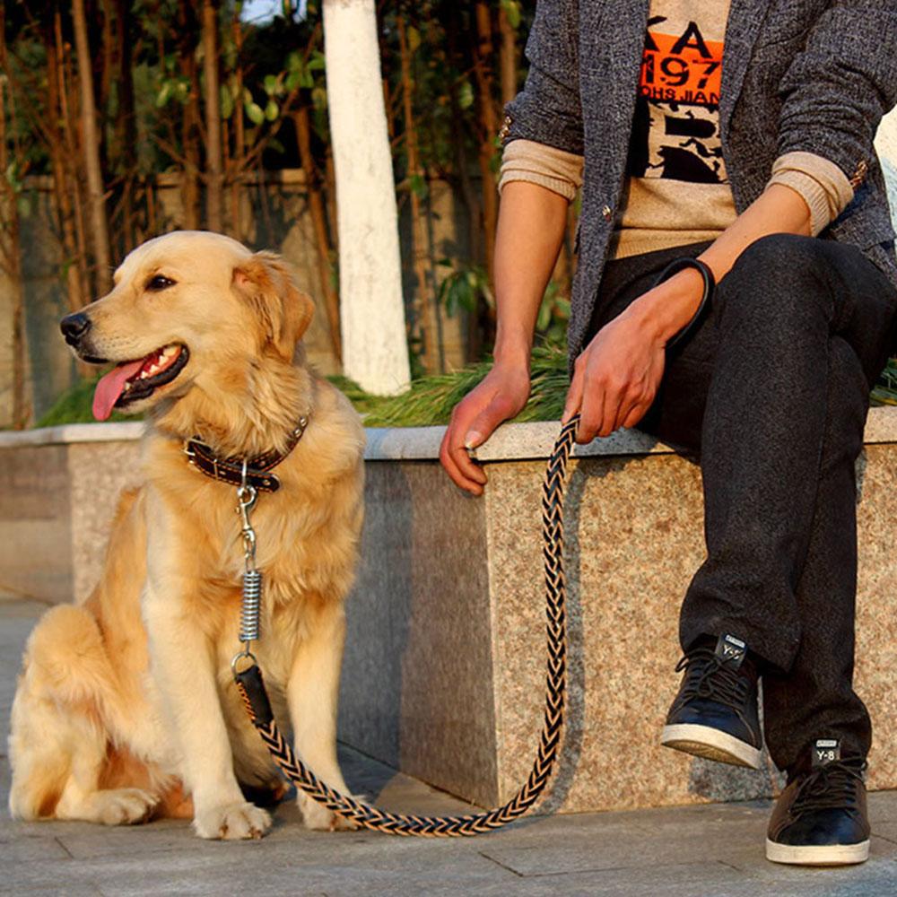 No Pull Leather Dog Leash Durable Cowhide Braided Dog Leash Buffer Spring Design for Training Walking Large and Medium Dogs Pets