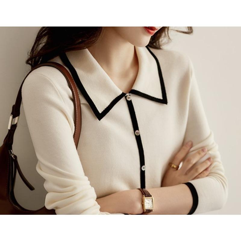 

Women s clothing contrasting colors spring and autumn new long-sleeved lapel sweater small fresh knitted sweater women one size fits all белый