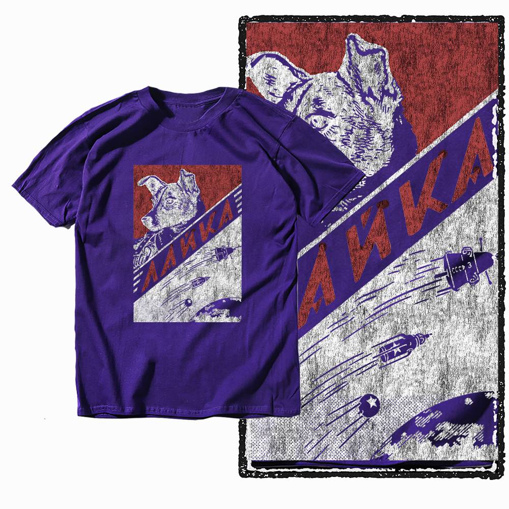 G60 Purple Cotton Men's Big Size Dog Laika GraphicT-shirt | Streetwear Cool Vintage O-neck men's Tee Tshirt