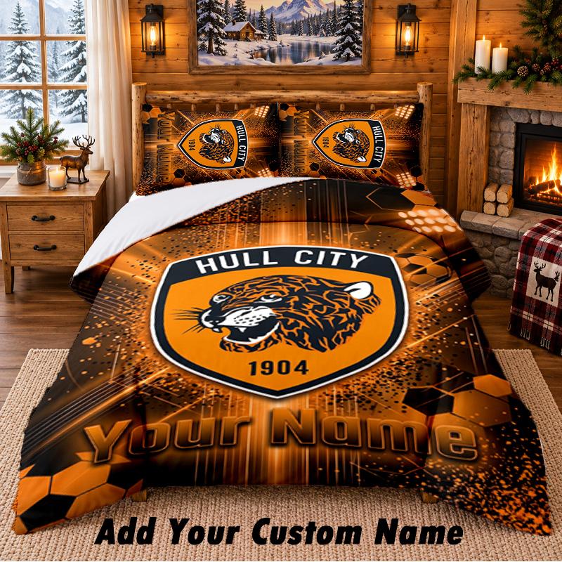 Hull City Muster Bettwäsche 3-teiliges Set Benutzerdefinierter Name, Bettlaken und Kissenbezüge für Zuhause Schlafzimmer