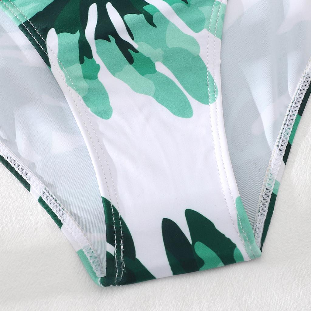One Piece Swimsuit for Women Cut Out Design Ruffle Detail Asymmetric Strap Leaf Print Beachwear Swimwear