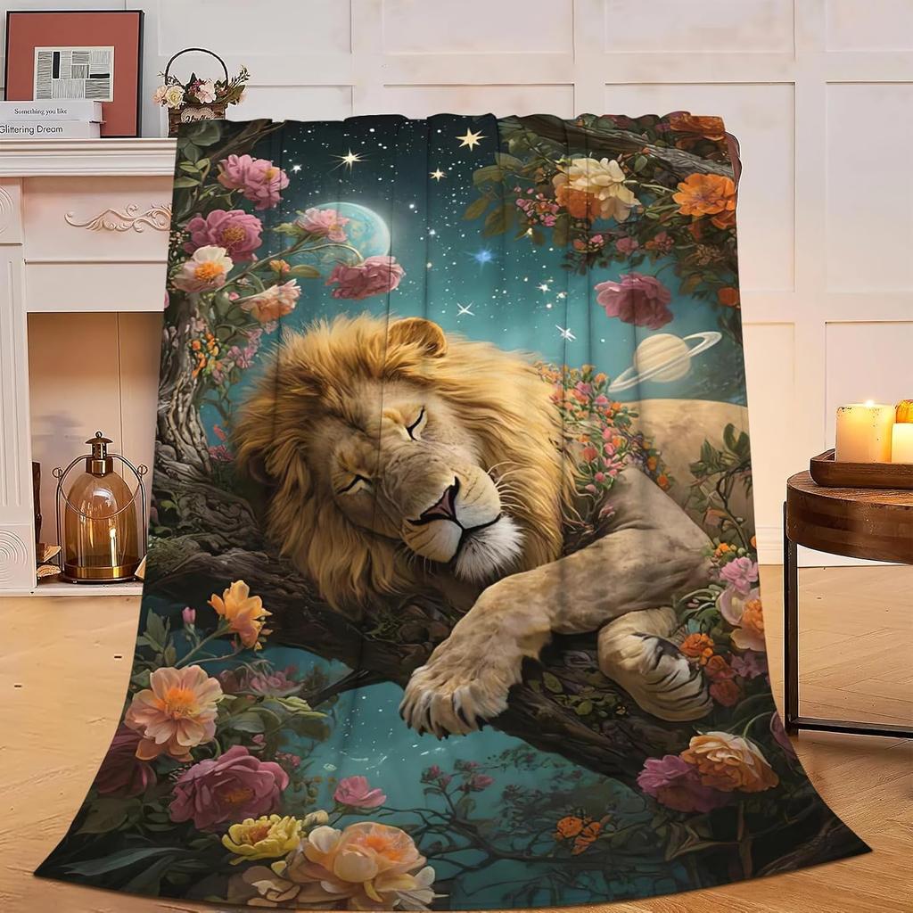 Colourful Lion Pattern Flannel Throw Blanket King Queen Size Super Soft Warm Blanket for Bed Sofa Couch Lightweight Kid Boy Gift