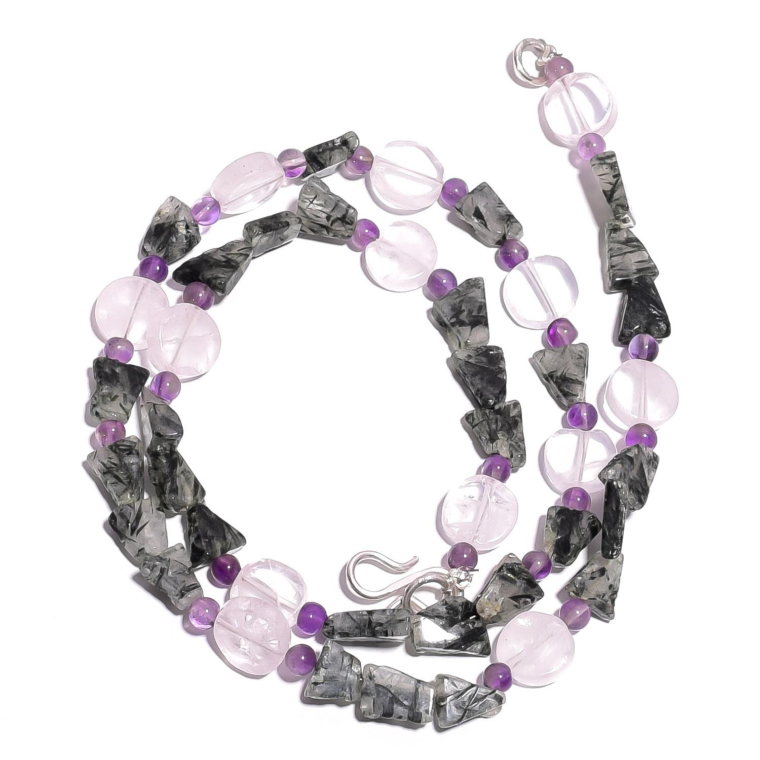 

Natural Rutile & Rose Quartz Amethyst Gemstone Smooth Beads Necklace 17 UB-4099 UB-4099