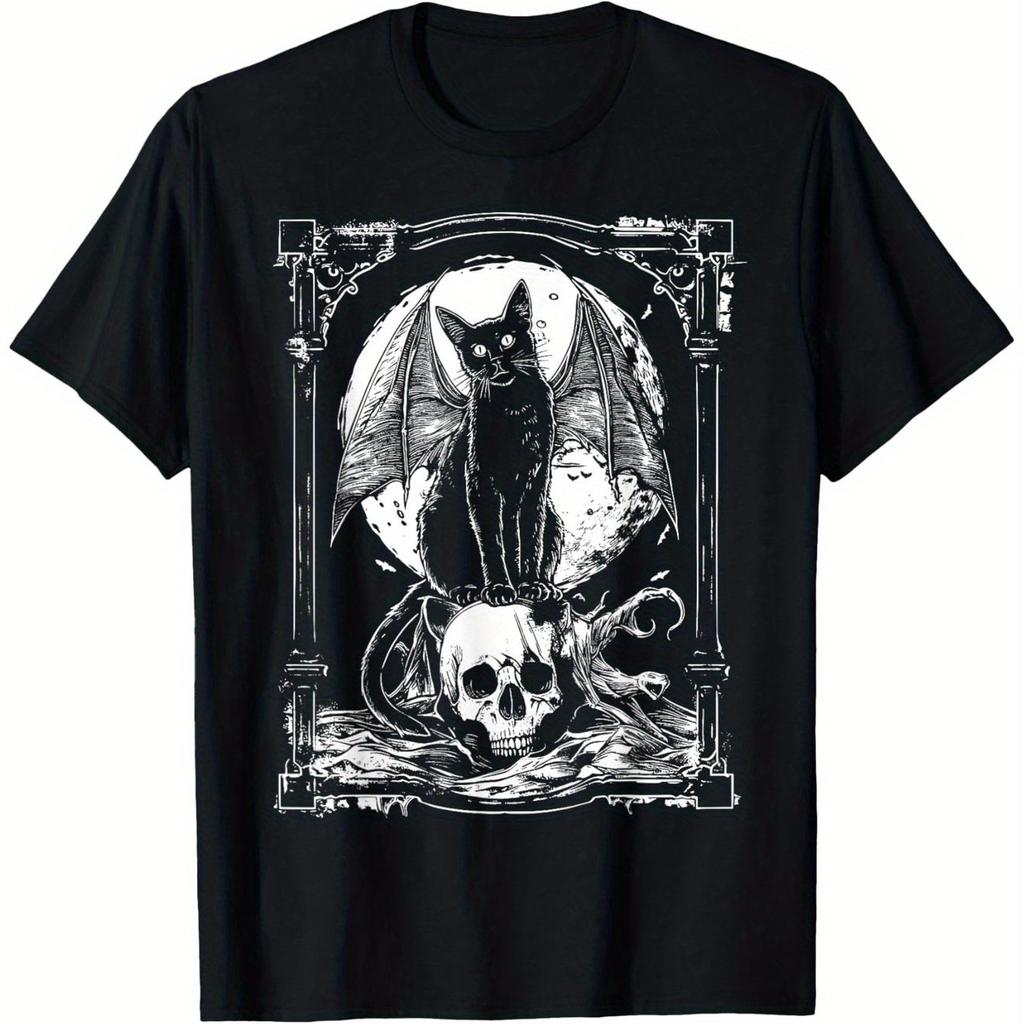 Mysterious Bat Skull Gothic Pattern Tshirt Womens Black Metal Punk Style Fashion Harajuku Kawaii Tshirt Womens Y2K Clothing