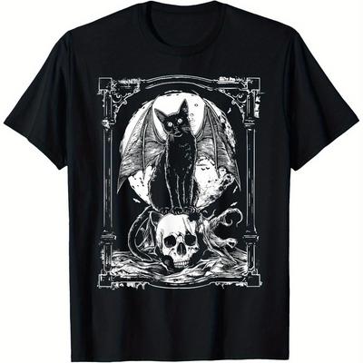 Mysteriöses Fledermausschädel Gothic Muster T-Shirt Damen Schwarz Metal Punk Stil Perfekt Outdoor Lässig Grafik