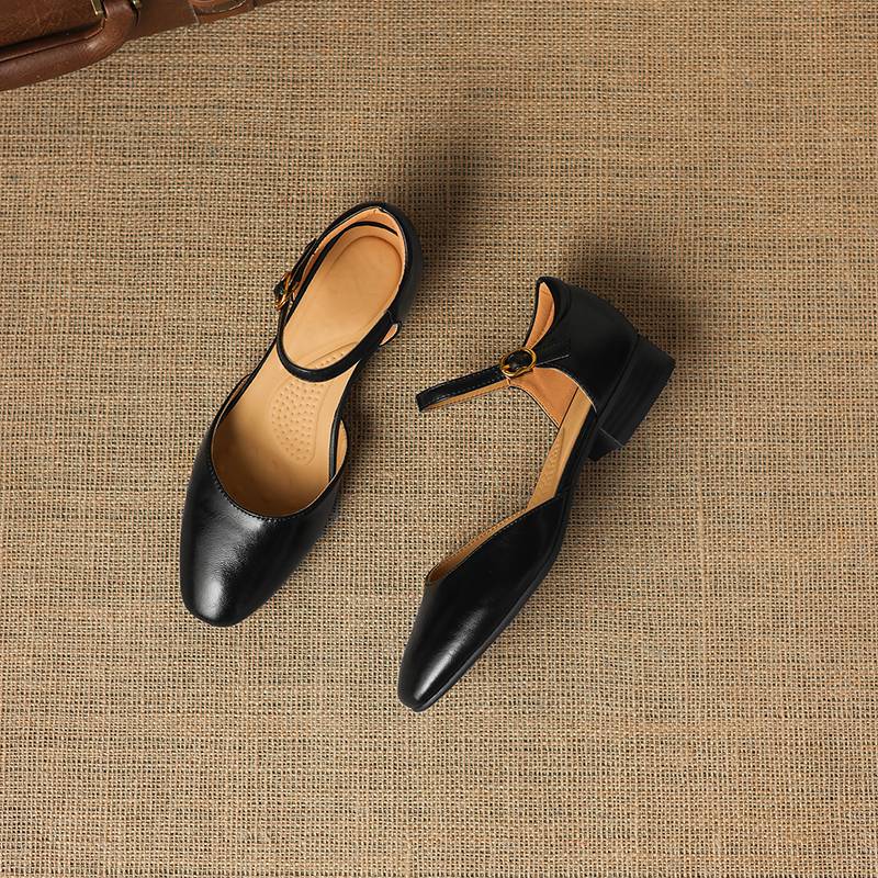 Krazing Pot Cow Skin Round Toe Low Heels Summer Shoes Big Size 42 Ankle Straps Women Pumps