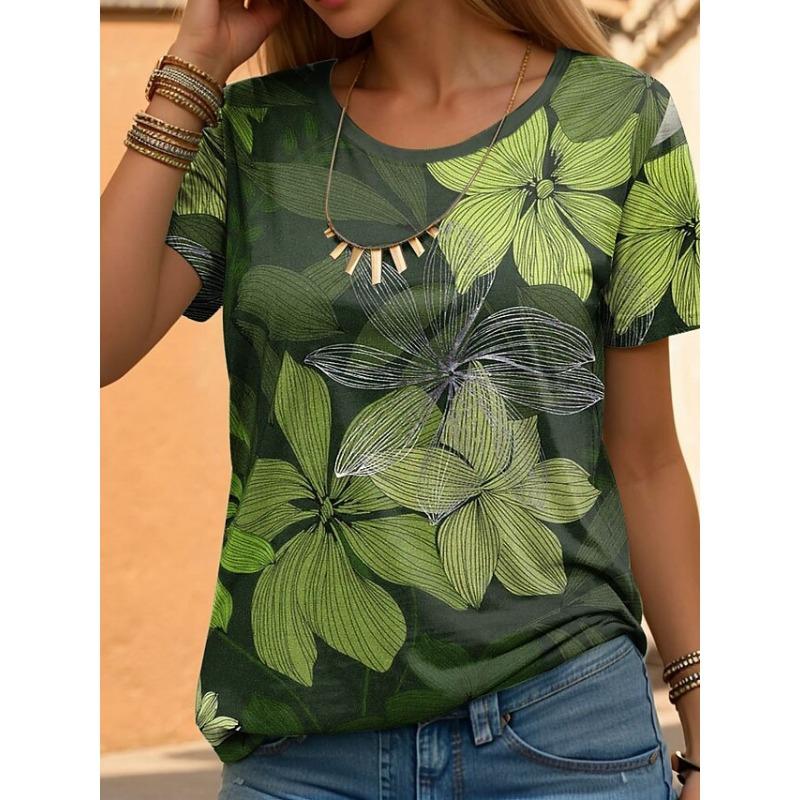 Women's Summer Simple Round Neck Women's Short Sleeved Shirt Casual Loose 3D Flower Print Shirt