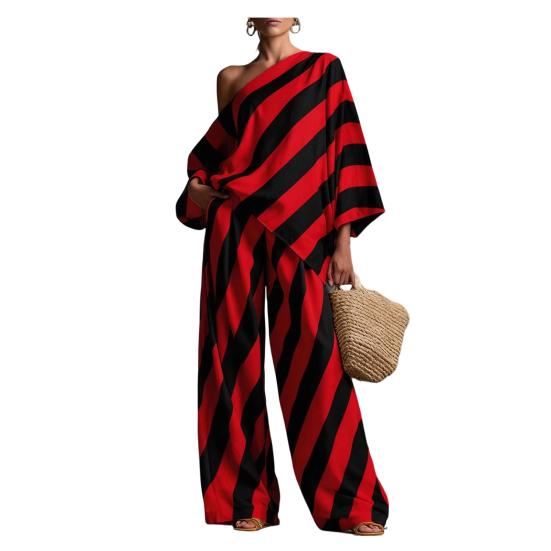 

Women s Striped 2 Piece Sets Casual One Shoulder Long Sleeve Top And Pants Matching Set Summer Casual Vacation Lounge Outfits XXL красный