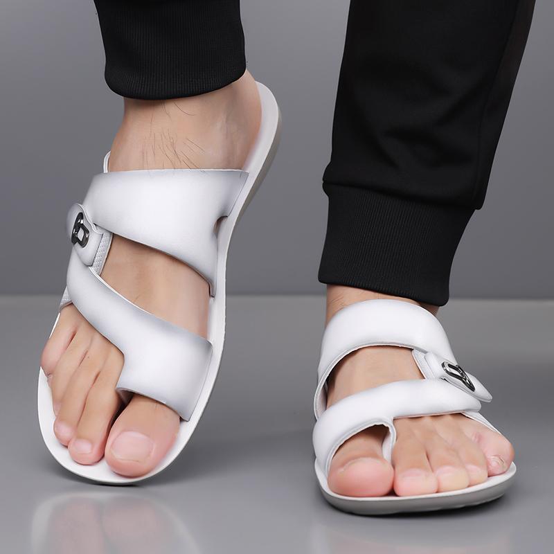 Men Black Leather Slippers Simple Flats Summer White Outdoor Brown Open Toe Wide Head Beach Shoes Plus Size