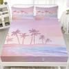 Pink Blue Ocean Coconut Tree 3D Printed Fitted Sheet Set Dreamy Style 100% Cotton King Queen Size for Women Girls Bedroom Decor