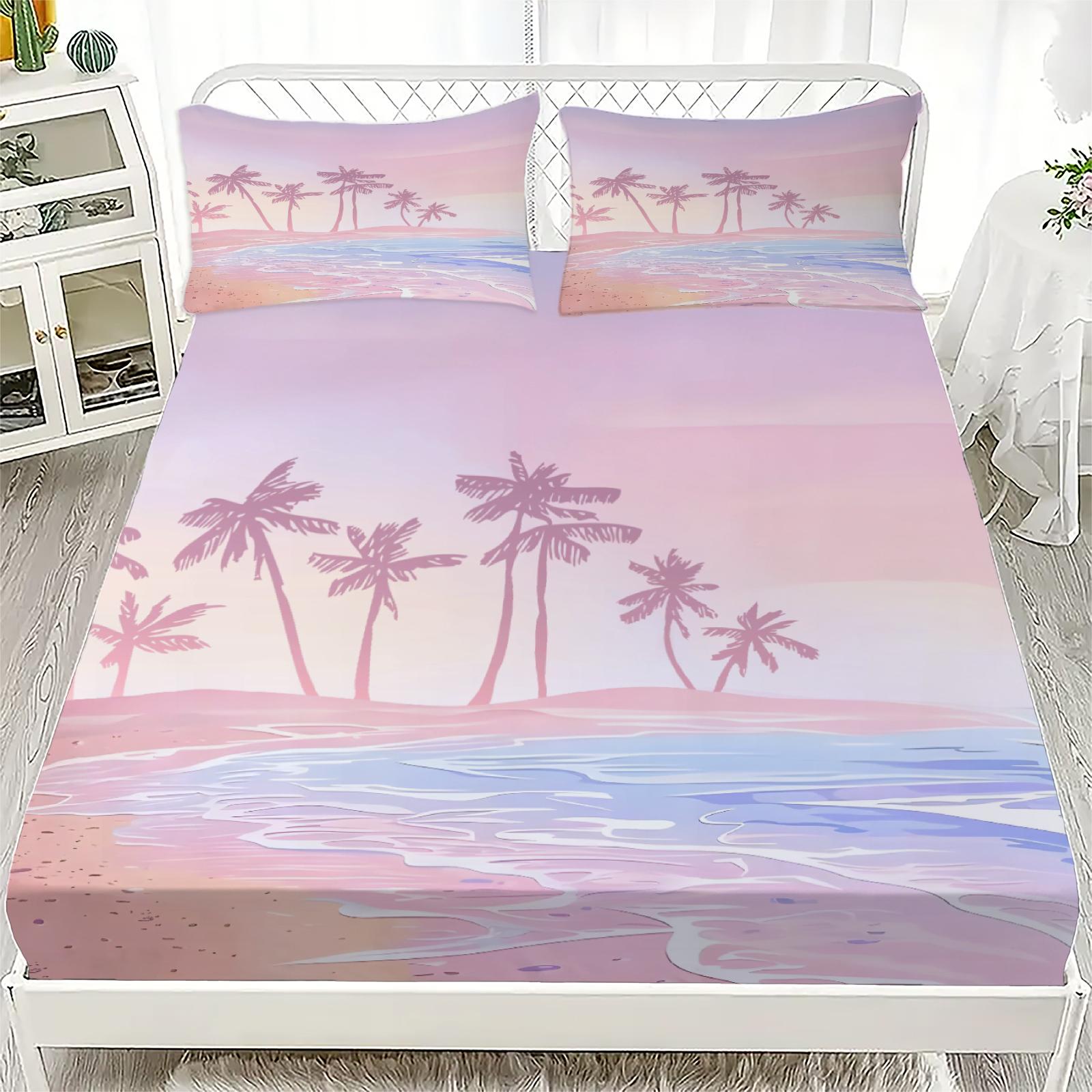 

1PC Pink Seaside Lands Polyester Sheet-Soft Sanded Digital Print Fitted Sheet Without Pillowcase Halloween Decor Gifts For Girls 90x200x25cm