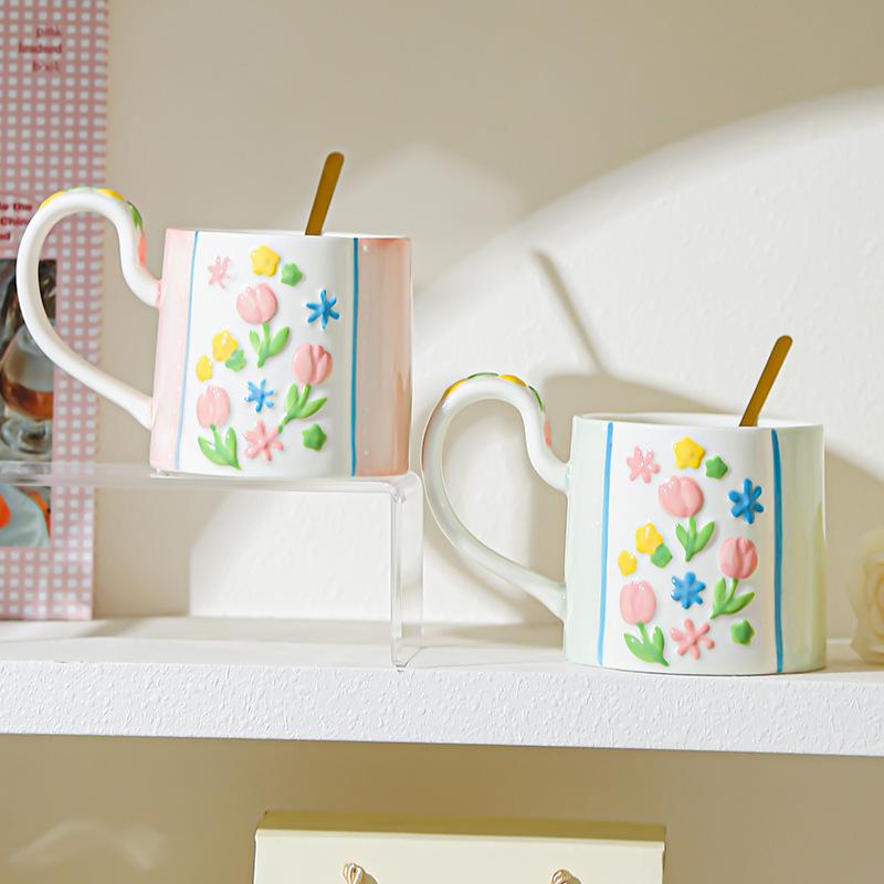 Ceramic Flower Mug Household High-value Women's Hand Cup Breakfast Cup Girl Heart Milk Cup Water Cup Underglaze Color