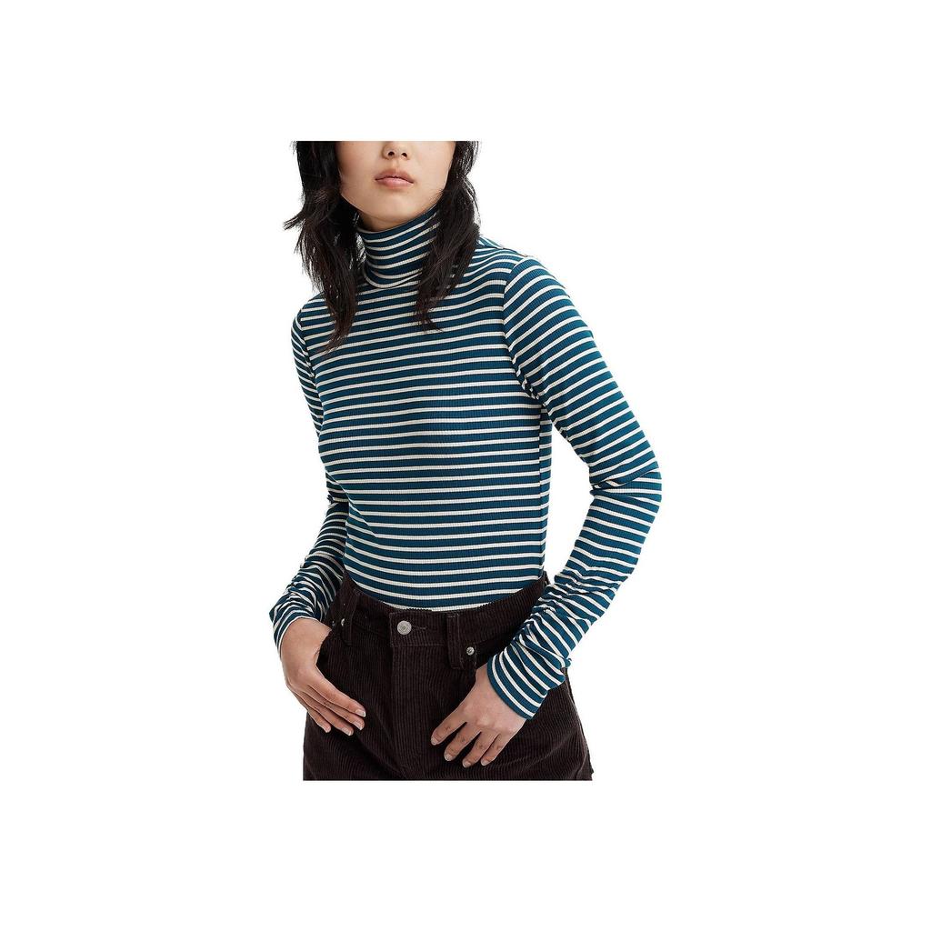 Levis High Collar Long Sleeve Striped Sweater Women Tops Blue Green A6888-0004