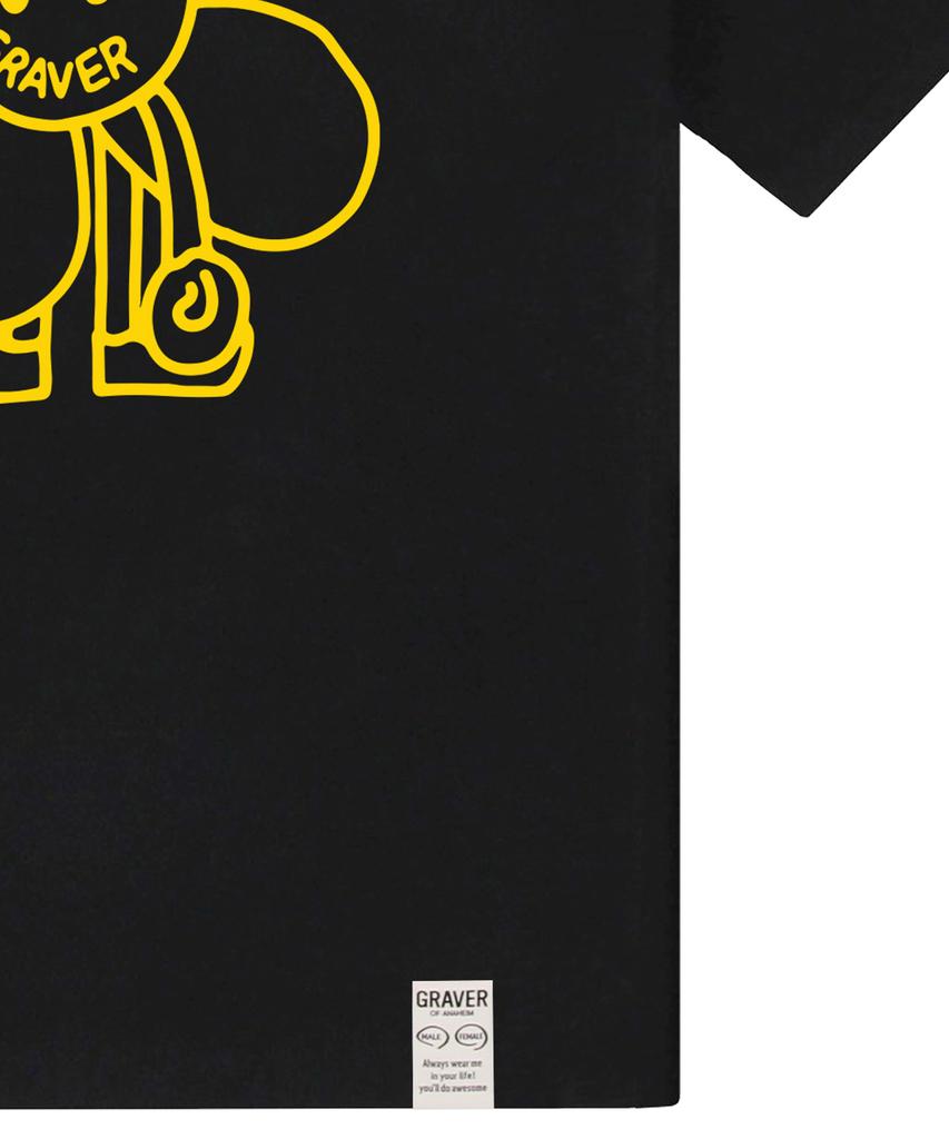 GRAVER [Unisex] Comics Line Flower Drawing Short Sleeve T-Shirt_Black