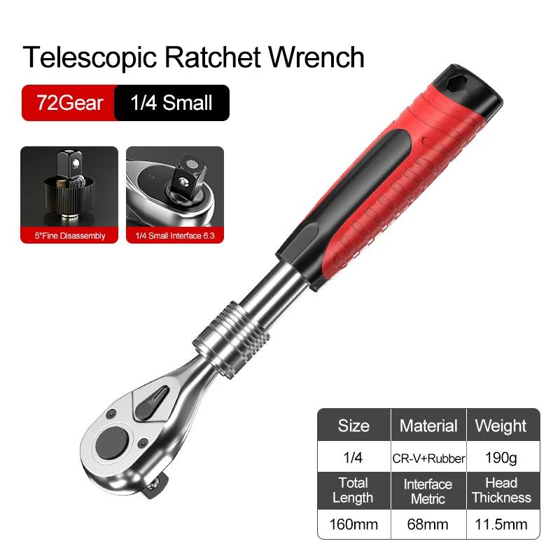 Teleskop-Steckschlüssel mit 72 Zähnen, Ratschenschlüssel, kann um 90 Grad eingestellt werden, Gerüst-Ratschengriffschlüssel, 1/4 1/2 3/8